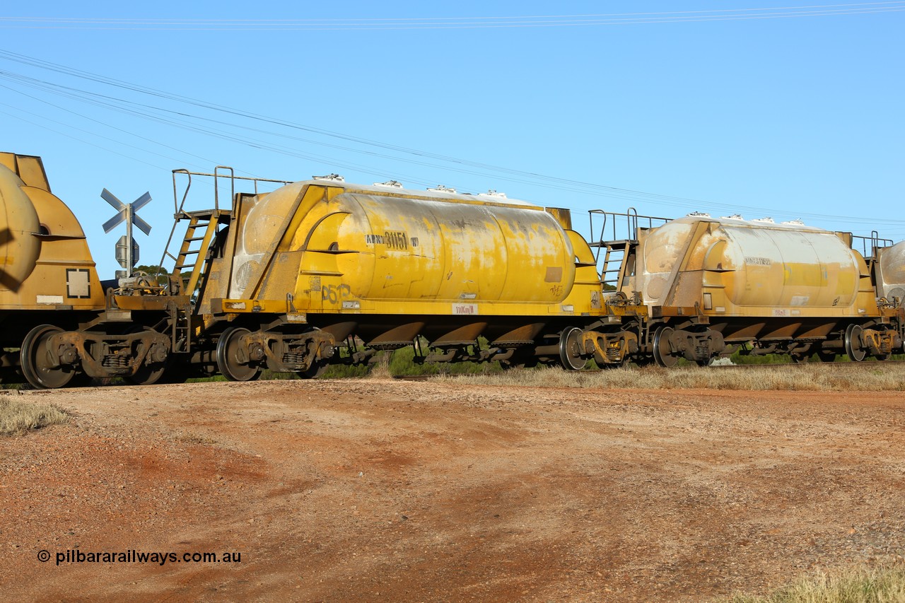 160527 5481
Parkeston, loaded lime and cement shunt train 2C71 from West Kalgoorlie to Parkeston for Cockburn Lime. APNY 31151, type leader of twelve built by WAGR Midland Workshops in 1974 as WNA type pneumatic discharge nickel concentrate waggon, WAGR built and owned copies of the AE Goodwin built WN waggons for WMC.
Keywords: APNY-type;APNY31151;WAGR-Midland-WS;WNA-type;