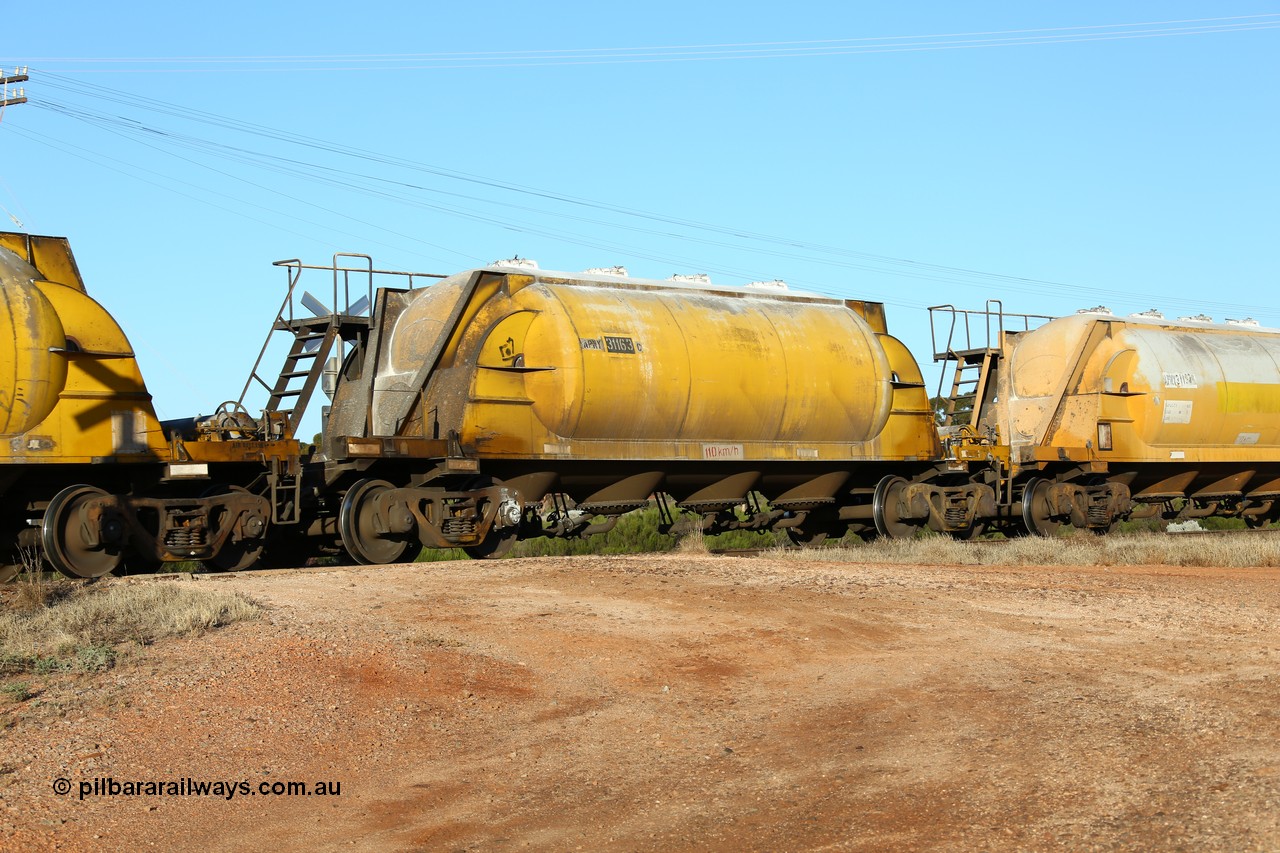 160527 5484
Parkeston, loaded lime and cement shunt train 2C71 from West Kalgoorlie to Parkeston for Cockburn Lime. APNY 31163, one of four built by Westrail Midland Workshops in 1978 as WNA type pneumatic discharge nickel concentrate waggon, WAGR built and owned copies of the AE Goodwin built WN waggons for WMC.
Keywords: APNY-type;APNY31163;Westrail-Midland-WS;WNA-type;