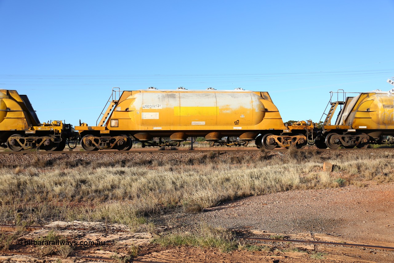 160527 5485
Parkeston, loaded lime and cement shunt train 2C71 from West Kalgoorlie to Parkeston for Cockburn Lime. APNY 31153, one of twelve built by WAGR Midland Workshops in 1974 as WNA type pneumatic discharge nickel concentrate waggon, WAGR built and owned copies of the AE Goodwin built WN waggons for WMC.
Keywords: APNY-type;APNY31153;WAGR-Midland-WS;WNA-type;