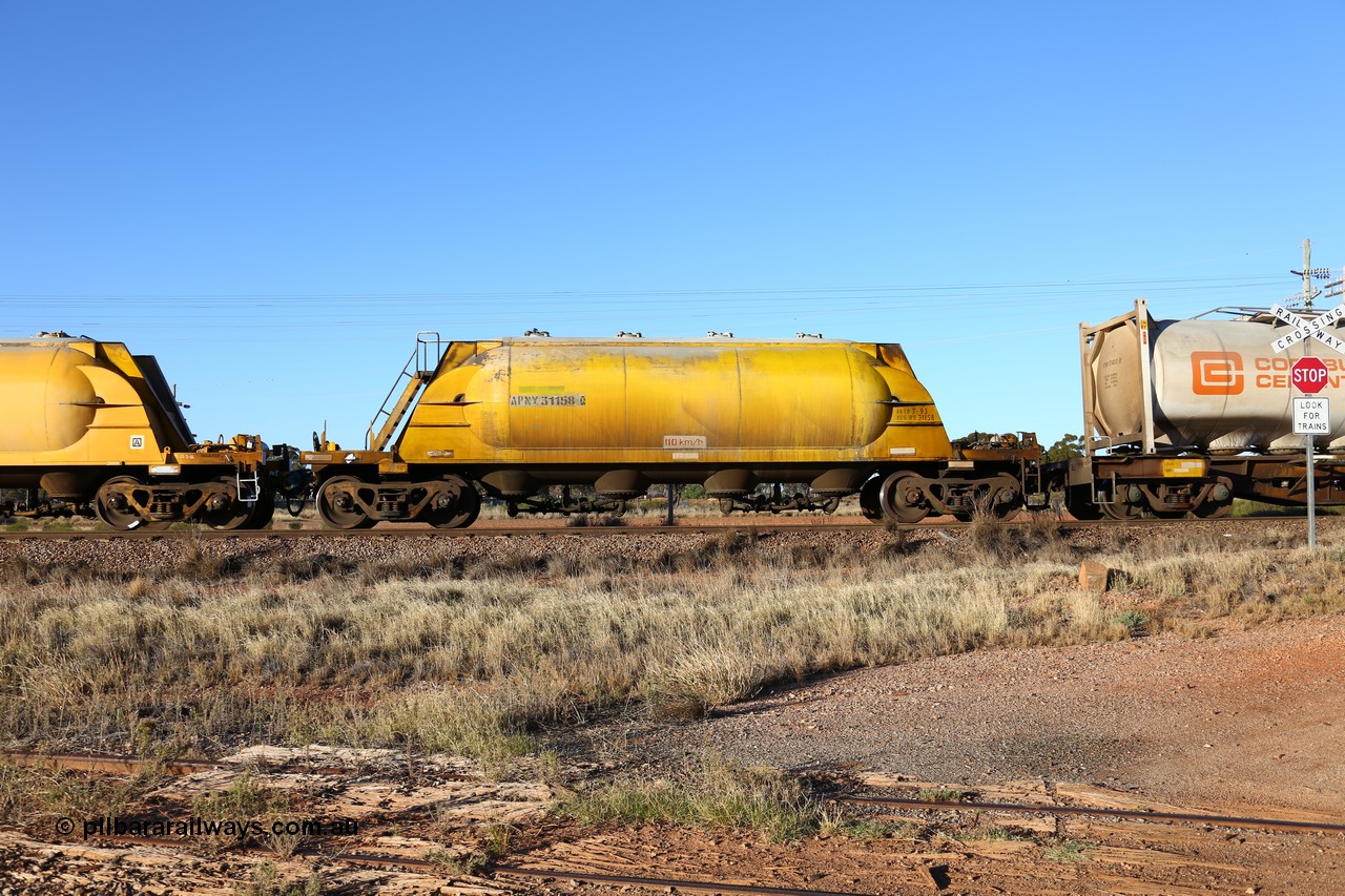 160527 5489
Parkeston, loaded lime and cement shunt train 2C71 from West Kalgoorlie to Parkeston for Cockburn Lime. APNY 31158, one of twelve built by WAGR Midland Workshops in 1974 as WNA type pneumatic discharge nickel concentrate waggon, WAGR built and owned copies of the AE Goodwin built WN waggons for WMC.
Keywords: APNY-type;APNY31158;WAGR-Midland-WS;WNA-type;