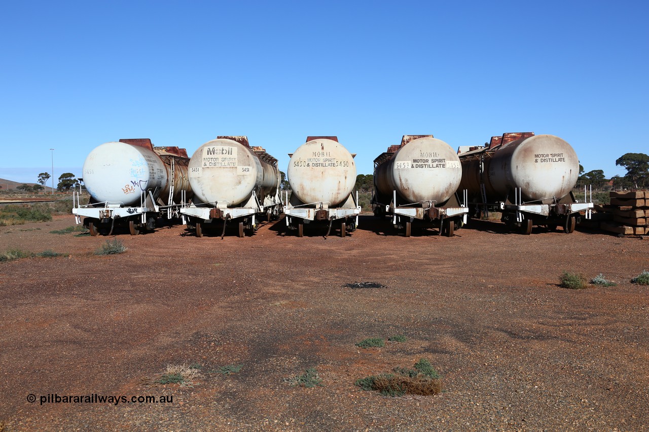 160528 8365
Parkeston, near the quarantine station, stored former Mobil Oil NSW NTAF waggons, from left: NTAF 5454, 5451, 5450, 5453 and 5449. I think these are Indeng Qld built NTAF waggons from a batch of seven such tanks built for Mobil of NSW in 1981 and numbered NTAF 449 to 455.
Keywords: NTAF-type;NTAF5454;NTAF5451;NTAF5450;NTAF5453;NTAF5449;Indeng-Qld;NTAF454;NTAF450;NTAF453;NTAF449;
