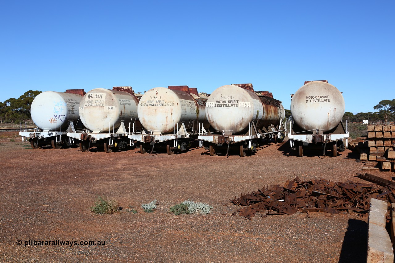 160528 8366
Parkeston, near the quarantine station, stored former Mobil Oil NSW NTAF waggons, from left: NTAF 5454, 5451, 5450, 5453 and 5449. I think these are Indeng Qld built NTAF waggons from a batch of seven such tanks built for Mobil of NSW in 1981 and numbered NTAF 449 to 455.
Keywords: NTAF-type;NTAF5454;NTAF5451;NTAF5450;NTAF5453;NTAF5449;Indeng-Qld;NTAF454;NTAF450;NTAF453;NTAF449;