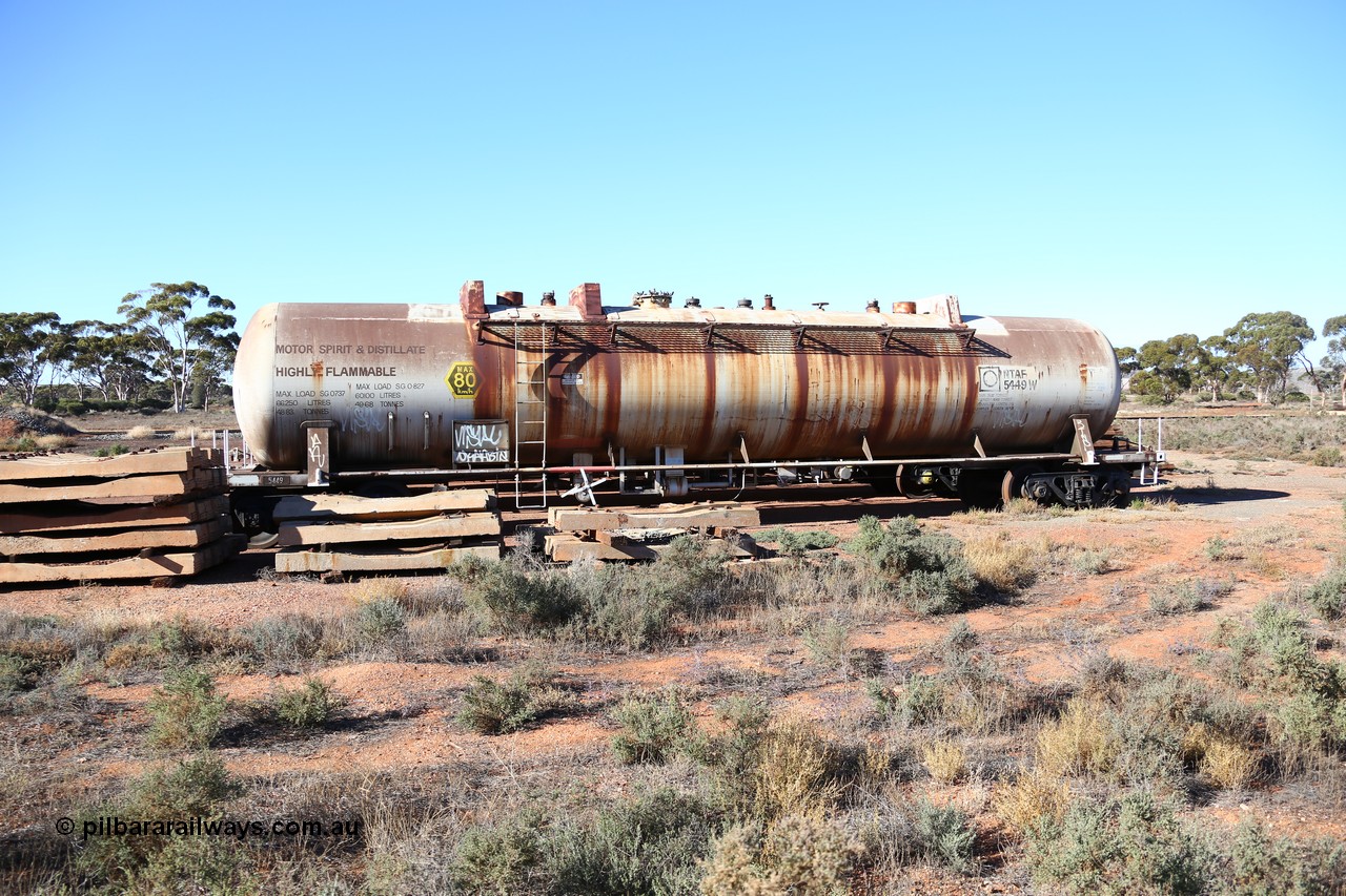 160528 8367
Parkeston, near the quarantine station, stored former Mobil Oil NSW NTAF waggon NTAF 5449. I think was built by Indeng Qld as an NTAF type and the leader from a batch of seven such tanks built for Mobil of NSW in 1981 and numbered NTAF 449 to 455.
Keywords: NTAF-type;NTAF5449;Indeng-Qld;NTAF449;