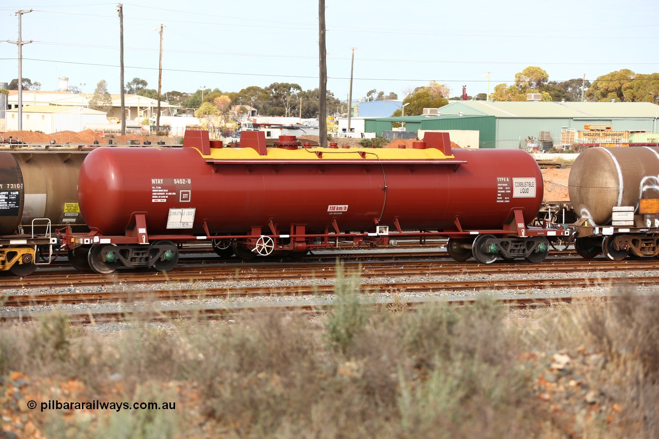160531 9622
West Kalgoorlie, NTAY type fuel tank waggon NTAY 5452, orignally built by Indeng Qld for Mobil as part of a batch of seven NTAF tanks in 1981 as NTAF 452. Refurbished by Gemco WA for BP Oil, capacity of 61000 litres.
Keywords: NTAY-type;NTAY5452;Indeng-Qld;NTAF-type;NTAF452;