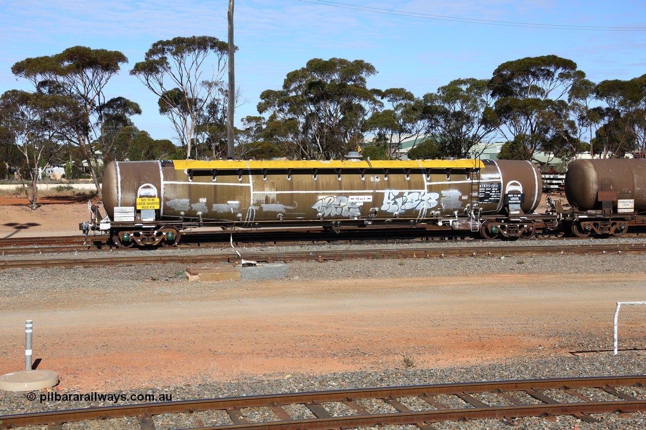 160531 9870
West Kalgoorlie, ATKY 515 fuel tank waggon built by Tulloch Ltd NSW in 1971 along with sister 516 for BP Oil as WJK type 93,000 litres three compartment and three domes, refurbished by Gemco WA Dec 2015, current capacity is probably 80500 litres in line with the rest of the fleet.
Keywords: ATKY-type;ATKY515;Tulloch-Ltd-NSW;WJK-type;WJKY-type;
