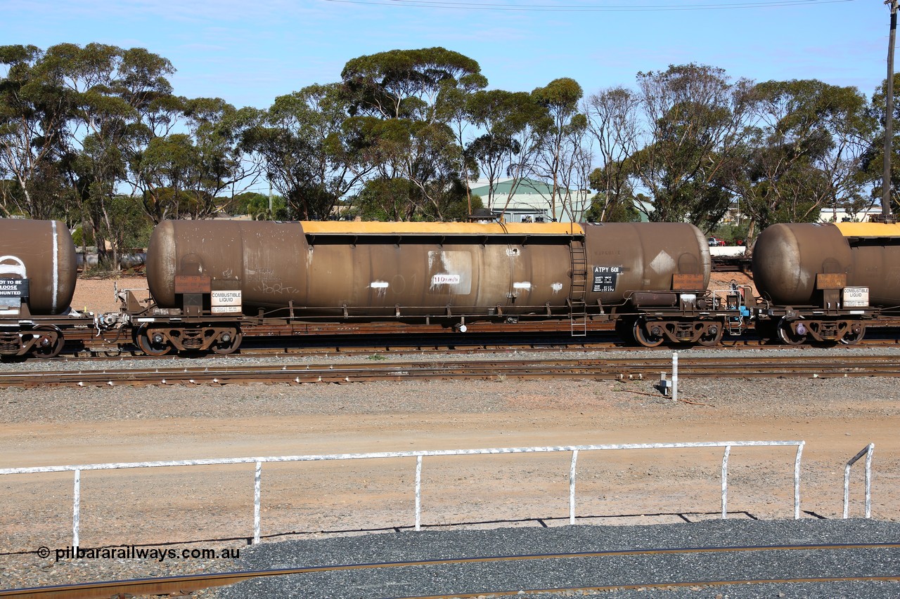 160531 9871
West Kalgoorlie, diesel fuel tanker ATPY 601, built by WAGR Midland Workshops in 1976 as WJP type for BP Oil, capacity of 80500 litres.
Keywords: ATPY-type;ATPY601;WAGR-Midland-WS;WJP-type;WJPY-type;