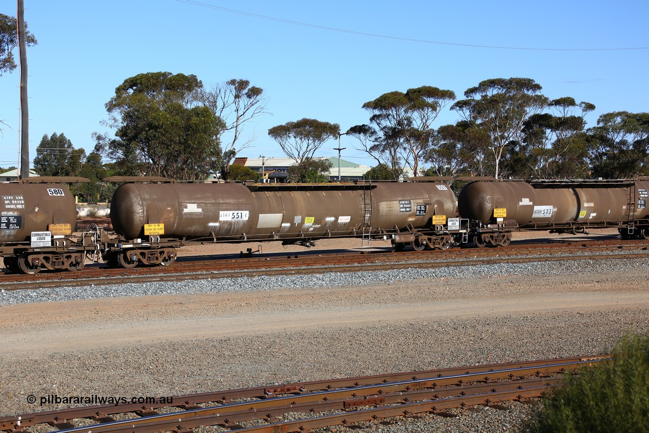 160531 9957
West Kalgoorlie, ATMF 551 fuel tank waggon, one of three built by Tulloch Limited NSW as WJM type in 1971 with a capacity of 96.25 kL one compartment one dome, current capacity of 80500 litres. 551 and 552 for Shell and 553 for BP Oil.
Keywords: ATMF-type;ATMF551;Tulloch-Ltd-NSW;WJM-type;