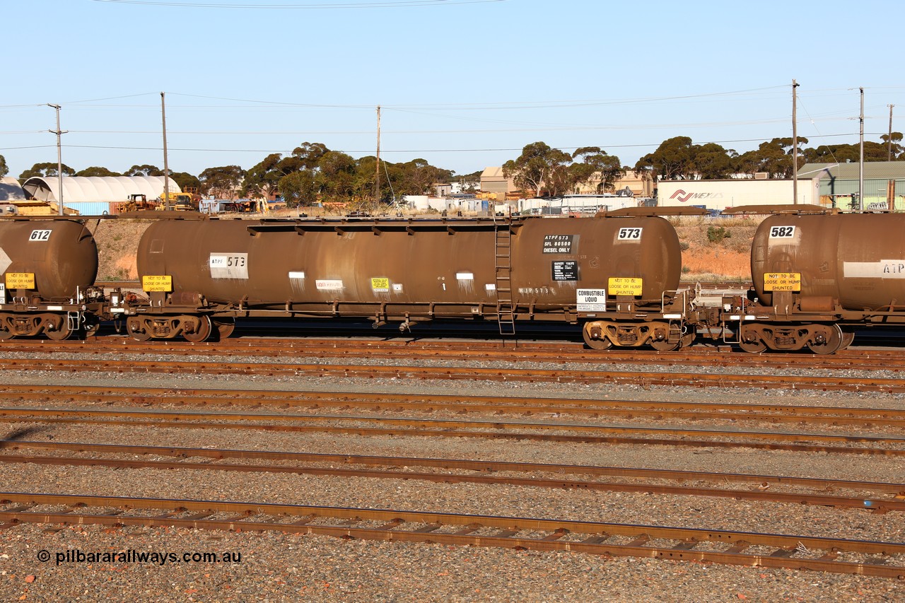160601 10074
West Kalgoorlie, ATPF 573 fuel tank waggon built by WAGR Midland Workshops 1974 for Shell as WJP type 80.66 kL one compartment one dome, capacity of 80500 litres, Shell Fleet No. 708.
Keywords: ATPF-type;ATPF573;WAGR-Midland-WS;WJP-type;