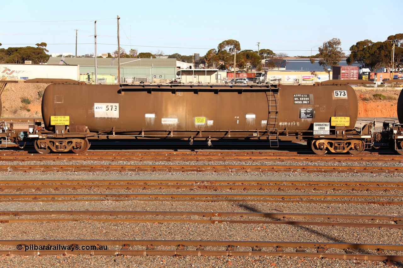 160601 10076
West Kalgoorlie, ATPF 573 fuel tank waggon built by WAGR Midland Workshops 1974 for Shell as WJP type 80.66 kL one compartment one dome, capacity of 80500 litres, Shell Fleet No. 708.
Keywords: ATPF-type;ATPF573;WAGR-Midland-WS;WJP-type;