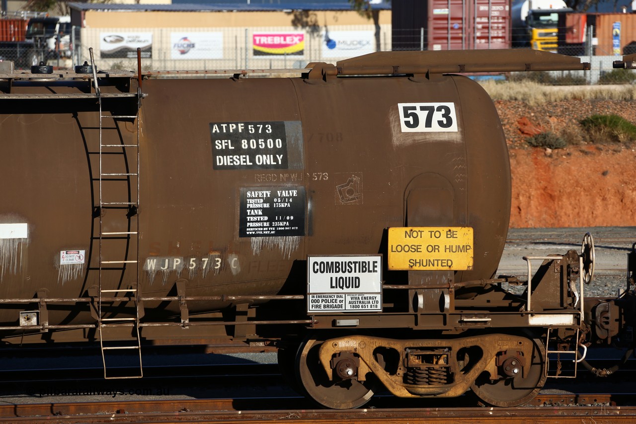 160601 10078
West Kalgoorlie, ATPF 573 fuel tank waggon built by WAGR Midland Workshops 1974 for Shell as WJP type 80.66 kL one compartment one dome, capacity of 80500 litres, Shell Fleet No. 708. Detail of hand brake end.
Keywords: ATPF-type;ATPF573;WAGR-Midland-WS;WJP-type;
