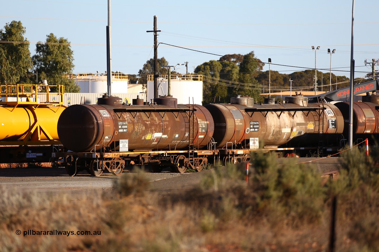 160601 10083
West Kalgoorlie, diesel fuel tankers ATCY 8479 and 8476, built by Perry Engineering SA for Shell for use by South Australian Railways on broad gauge as Ts type, recoded to ATSL, original capacity of 48800 litres, current diesel capacity it 45000 litres.
Keywords: ATCY-type;ATCY8479;ATCY8476;Perry-Engineering-SA;Ts-type;ATSL-type;