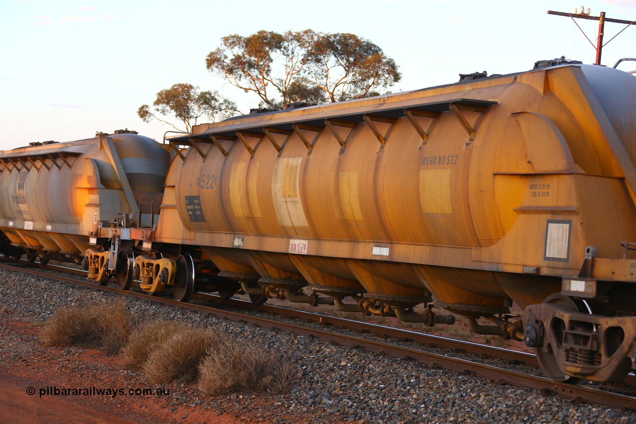 190107 0669
Kalgoorlie, WN 522, pneumatic discharge nickel concentrate waggon, one of thirty units built by AE Goodwin NSW as WN type in 1970 for WMC.
Keywords: WN-type;WN522;AE-Goodwin;