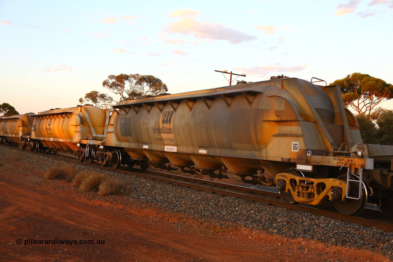 190107 0670
Kalgoorlie, WN 511, pneumatic discharge nickel concentrate waggon, one of thirty units built by AE Goodwin NSW as WN type in 1970 for WMC.
Keywords: WN-type;WN511;AE-Goodwin;
