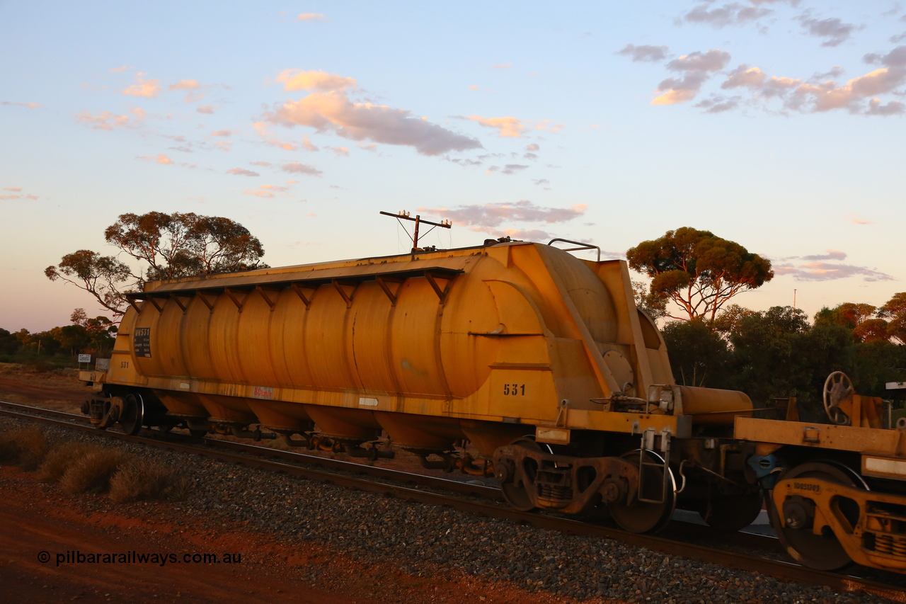 190107 0687
Kalgoorlie, WN type pneumatic discharge nickel concentrate waggon WN 531, first of a further ten built by WAGR Midland Workshops as WN type in 1975 for WMC.
Keywords: WN-type;WN531;WAGR-Midland-WS;