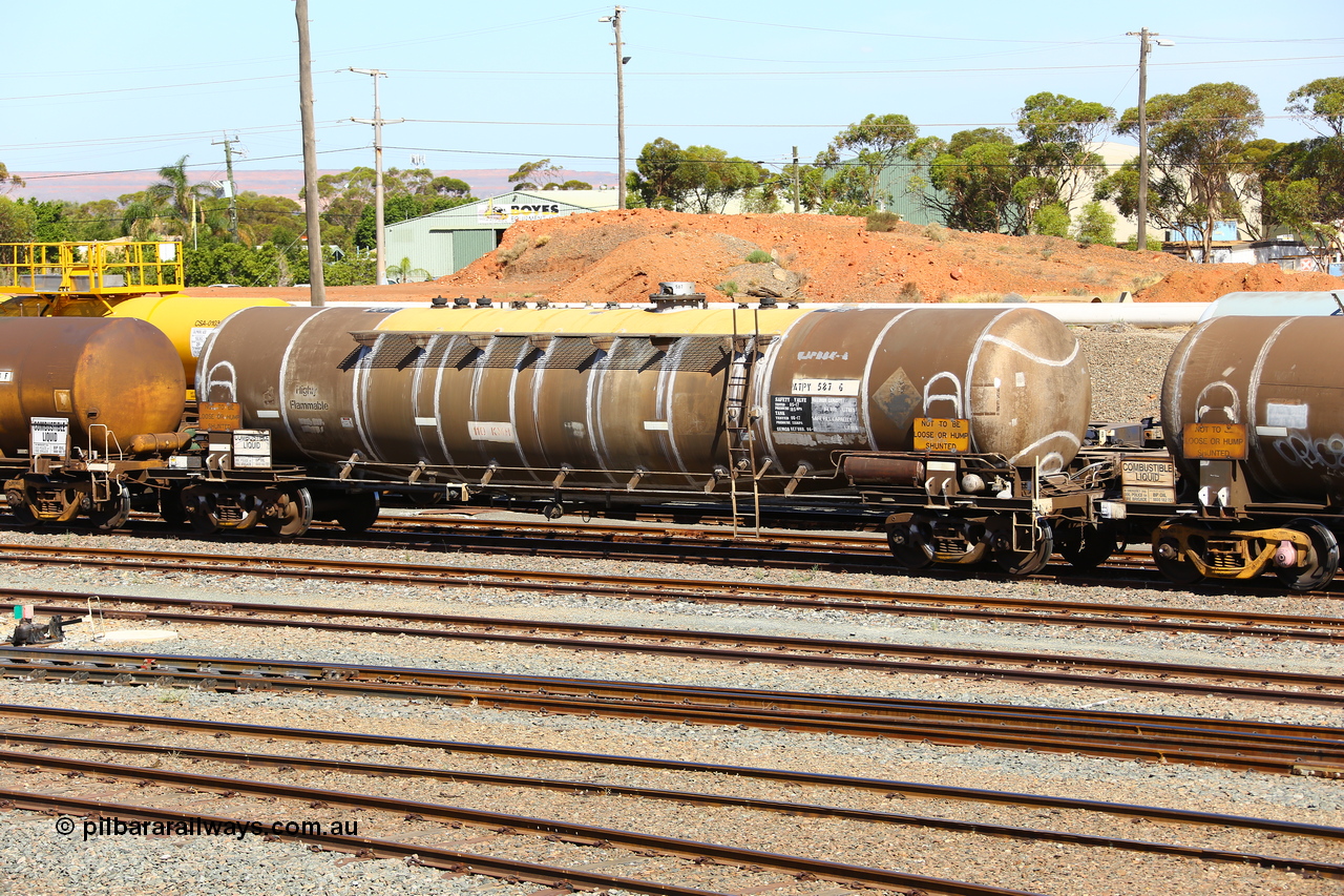 190108 1106
West Kalgoorlie, ATPY type fuel tank waggon ATPY 587 built by Westrail Midland Workshops in 1978 as WJP type 80.66 kL one compartment one dome, for Mobil, later sold to BP. Maximum capacity now of 84,000 litres. Gemco refurbished 06-17.
Keywords: ATPY-type;ATPY587;WAGR-Midland-WS;WJP-type;WJPY-type;