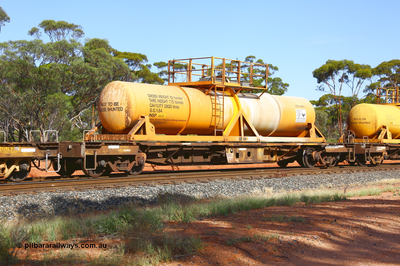 190108 1145
Binduli, AQHY 30039 with CSA 0110, originally built by the WAGR Midland Workshops in 1964/66 as a WF type flat waggon, then in 1997, following several recodes and modifications, was one of seventy five waggons converted to the WQH type to carry CSA sulphuric acid tanks between Hampton/Kalgoorlie and Perth/Kwinana. CSA 0110 was built by Vcare Engineering, India for Access Petrotec & Mining Solutions.
Keywords: AQHY-type;AQHY30039;WAGR-Midland-WS;WF-type;WFDY-type;WFDF-type;RFDF-type;WQH-type;