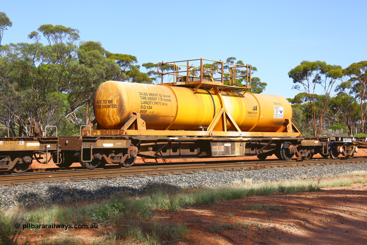 190108 1154
Binduli, AQHY 30026 with CSA 0122, originally built by the WAGR Midland Workshops in 1964/66 as a WF type flat waggon, then in 1997, following several recodes and modifications, was one of seventy five waggons converted to the WQH type to carry CSA sulphuric acid tanks between Hampton/Kalgoorlie and Perth/Kwinana. CSA 0122 was built by Vcare Engineering, India for Access Petrotec & Mining Solutions.
Keywords: AQHY-type;AQHY30026;WAGR-Midland-WS;WF-type;WFW-type;WFDY-type;WFDF-type;RFDF-type;WQH-type;