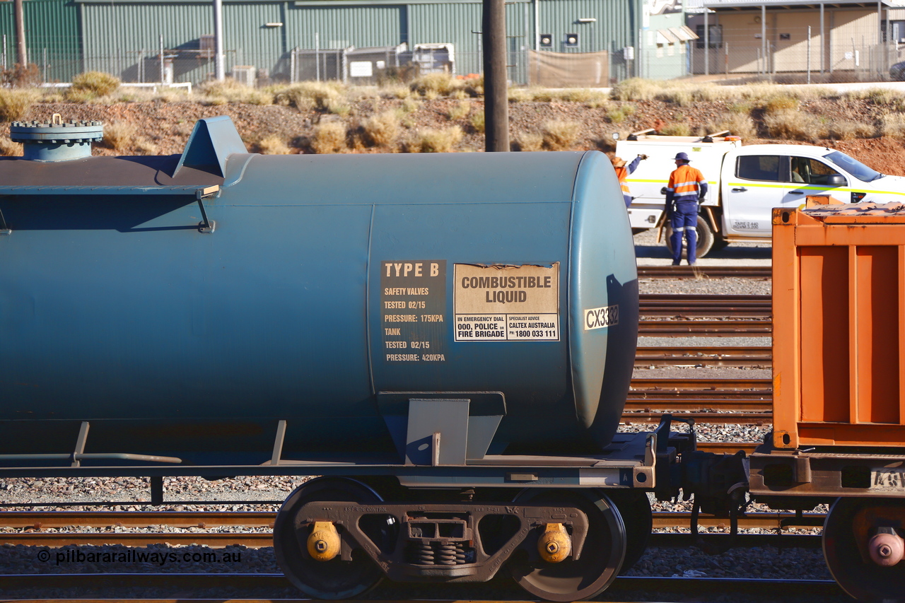 190108 1276
West Kalgoorlie, NTAY type fuel tank waggon NTAY 3332 with 66,000 litre capacity for Caltex. Refurbished by Gemco WA in Feb 2015 from a Caltex NTAF type tank waggon NTAF 332 originally built by Tulloch Ltd NSW as a CAL type CAL 332. Shows A end.
Keywords: NTAY-type;NTAY3332;Tulloch-Ltd-NSW;CAL-type;CAL332;NTAF-type;