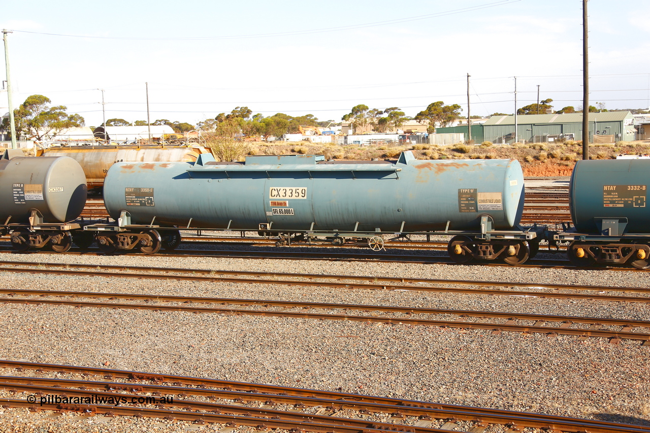 190108 1278
West Kalgoorlie, NTAY type fuel tank waggon NTAY 3359 with 65,000 litre capacity for Caltex. Refurbished by Gemco WA in Nov 2013 from a Caltex NTAF type tank waggon NTAF 359 originally built by Comeng NSW in 1975 as a CTX type CTX 359.
Keywords: NTAY-type;NTAY3359;Comeng-NSW;CTX-type;CTX359;NTAF-type;