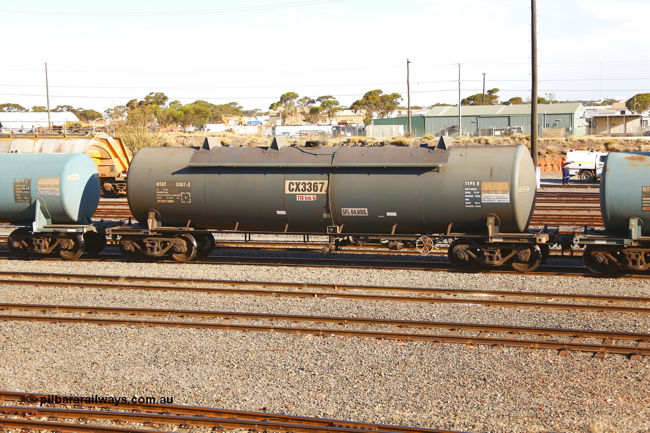 190108 1281
West Kalgoorlie, NTAY type fuel tank waggon NTAY 3367 with 64,600 litre capacity for Caltex. Refurbished by Gemco WA in Feb 2014 from a Caltex NTAF type tank waggon NTAF 367 originally built by Transrail in 1977.
Keywords: NTAY-type;NTAY3367;Transrail-NSW;CAL-type;CAL367;NTAF-type;