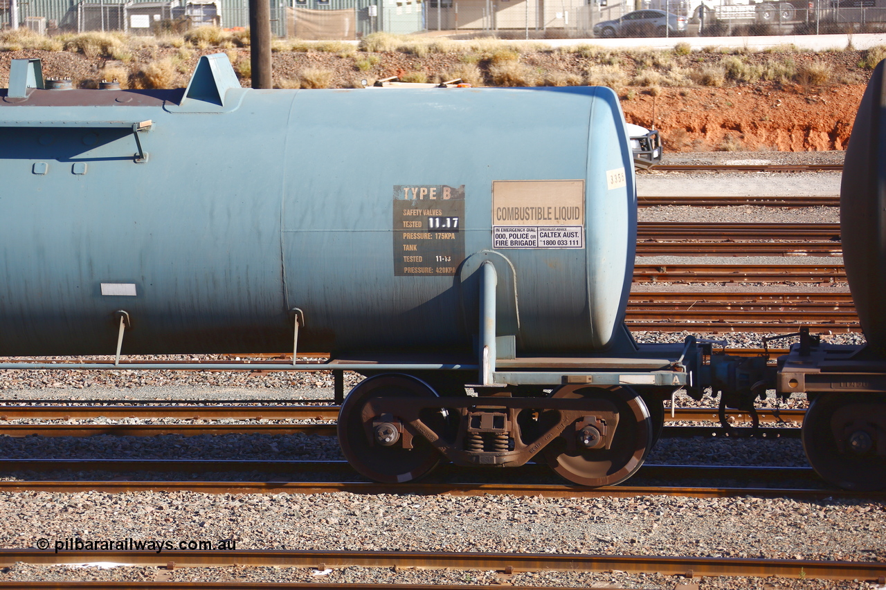 190108 1283
West Kalgoorlie, NTAY type fuel tank waggon NTAY 3356 with 64,200 litre capacity for Caltex. Refurbished by Gemco WA in Nov 2013 from a Caltex NTAF type tank waggon NTAF 356 originally built by Comeng NSW in 1974 as a CTX type CTX 356. Shows A end.
Keywords: NTAY-type;NTAY3356;Comeng-NSW;CTX-type;CTX356;NTAF-type;