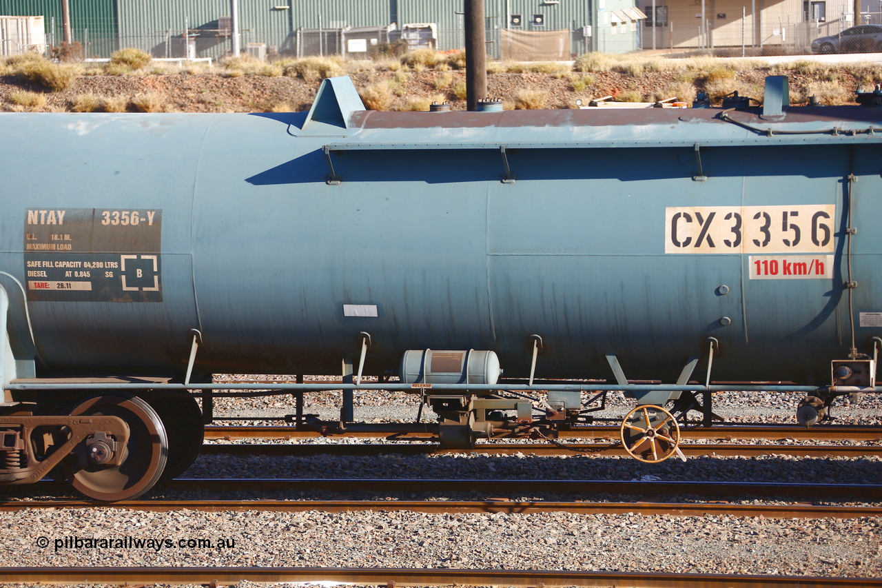 190108 1285
West Kalgoorlie, NTAY type fuel tank waggon NTAY 3356 with 64,200 litre capacity for Caltex. Refurbished by Gemco WA in Nov 2013 from a Caltex NTAF type tank waggon NTAF 356 originally built by Comeng NSW in 1974 as a CTX type CTX 356. Shows brake arrangement.
Keywords: NTAY-type;NTAY3356;Comeng-NSW;CTX-type;CTX356;NTAF-type;