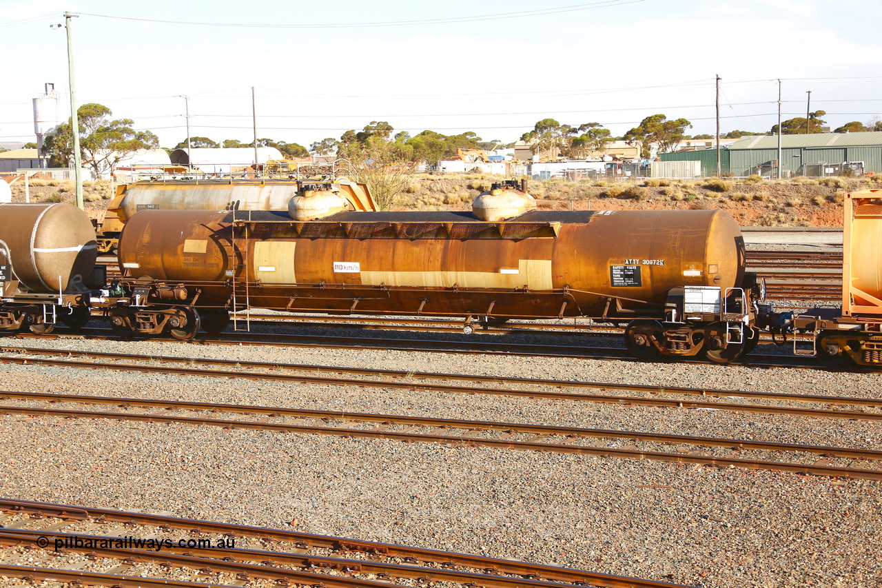 190108 1296
West Kalgoorlie, ATTY type fuel tank waggon ATTY 30672, one of five units built by AE Goodwin NSW in 1970 as WST type, recoded to WSTY and then ATTY. 78,600 litre capacity for BP Oil.
Keywords: ATTY-type;ATTY30672;AE-Goodwin;WST-type;WSTY-type;