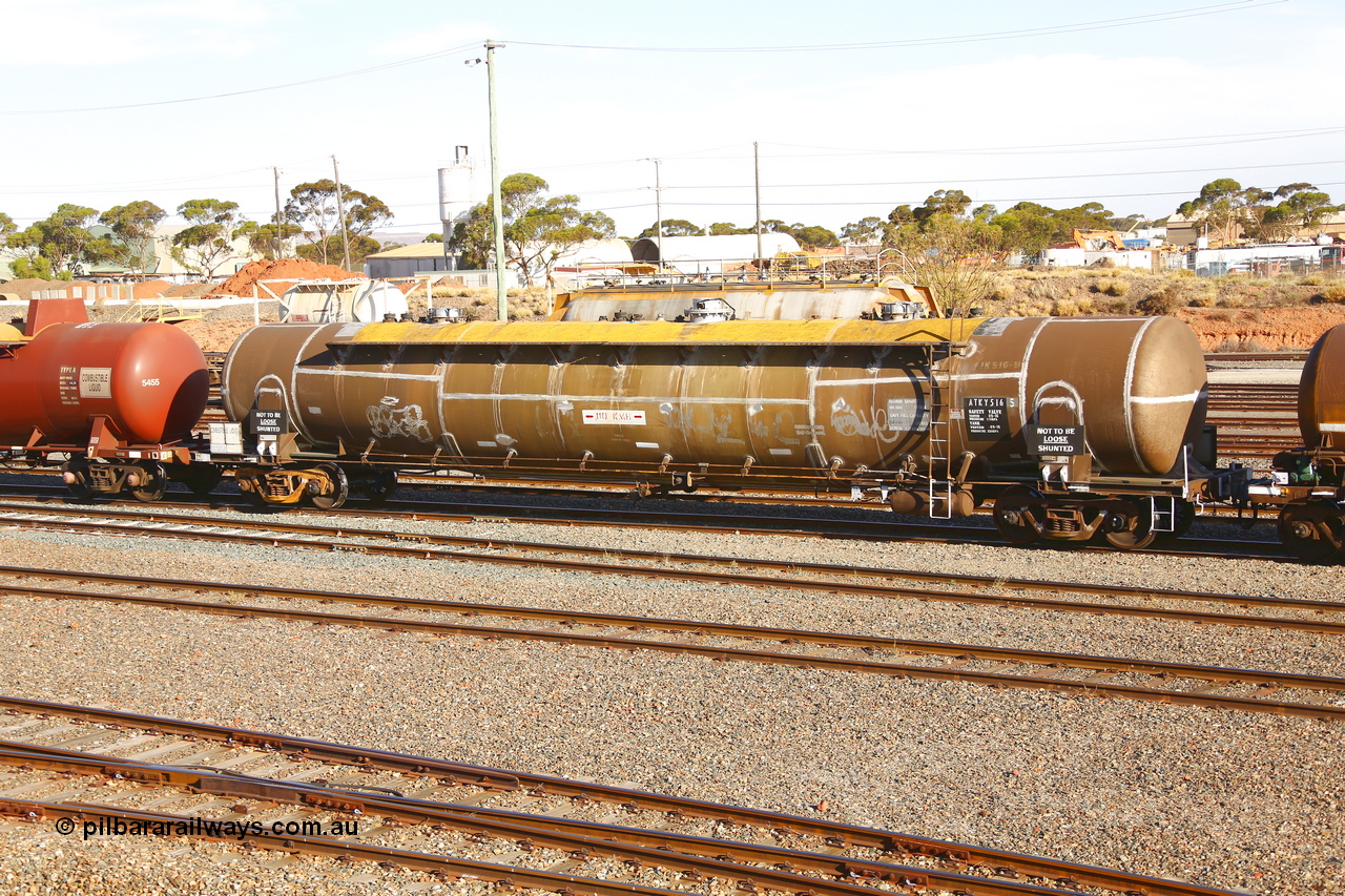 190108 1297
West Kalgoorlie, ATKY type fuel tank waggon ATKY 516 built by Tulloch Ltd NSW in 1971 as WJK type 93,000 litre, three compartment, three dome tank along with sister WJK 515 for BP Oil. Recoded to WJKY. Gemco refurbished 09-16. Maximum capacity 101,000 litres, safe fill 74,000 litres.
Keywords: ATKY-type;ATKY516;Tulloch-Ltd-NSW;WJK-type;WJKY-type;