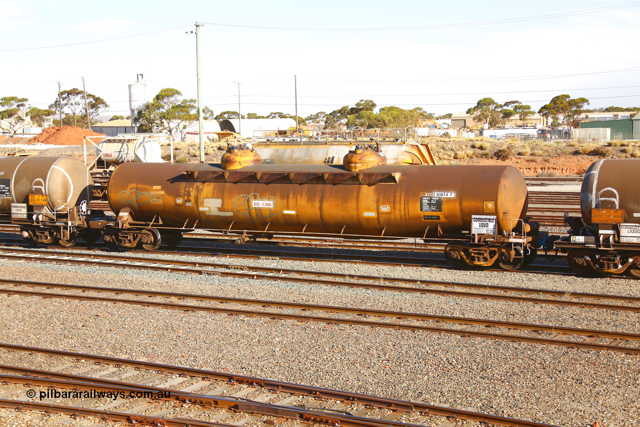 190108 1302
West Kalgoorlie, ATTY type fuel tank waggon ATTY 30674, one of five units built by AE Goodwin NSW in 1970 as WST type, recoded to WSTY and then ATTY. 78,600 litre capacity for BP Oil.
Keywords: ATTY-type;ATTY30674;AE-Goodwin;WST-type;WSTY-type;