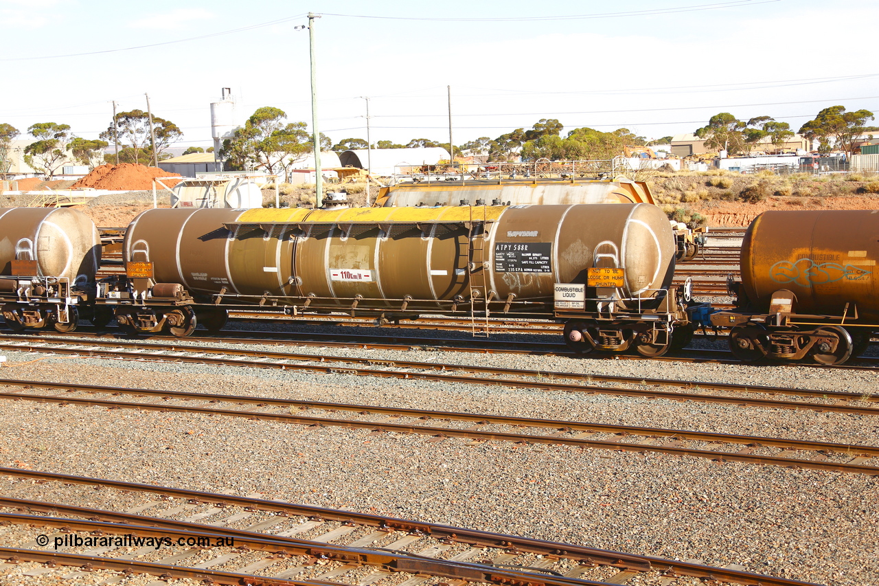 190108 1303
West Kalgoorlie, ATPY 588 fuel tank waggon, built by Westrail Midland Workshops in 1979 for Mobil as WJP type 80,000 litre single compartment and dome, recoded to WJPY, sold to BP Oil in 1985. Gemco WA refurbished November 2016, and now a 80,375 litre maximum capacity.
Keywords: ATPY-type;ATPY588;WAGR-Midland-WS;WJP-type;WJPY-type;