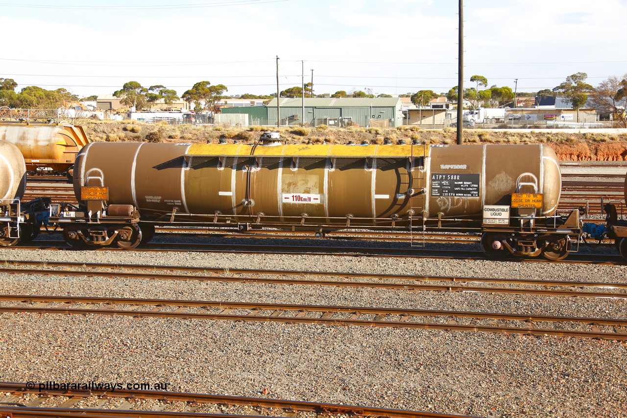 190108 1304
West Kalgoorlie, ATPY 588 fuel tank waggon, built by Westrail Midland Workshops in 1979 for Mobil as WJP type 80,000 litre single compartment and dome, recoded to WJPY, sold to BP Oil in 1985. Gemco WA refurbished November 2016, and now a 80,375 litre maximum capacity.
Keywords: ATPY-type;ATPY588;WAGR-Midland-WS;WJP-type;WJPY-type;
