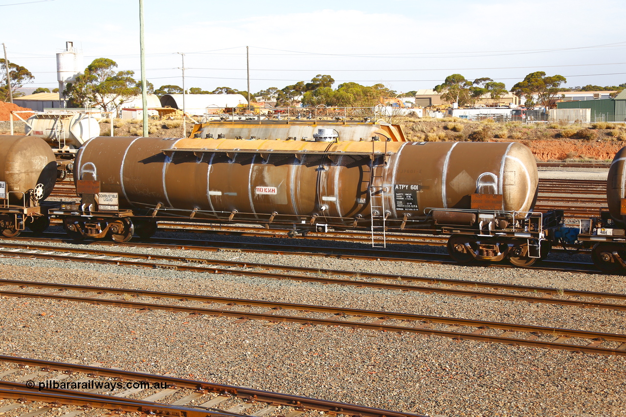190108 1305
West Kalgoorlie, ATPY 601 fuel tank waggon built by WAGR Midland Workshops in 1976 as WJP type for BP Oil, capacity of 80,500 litres, recoded to WJPY. Refurbished by Gemco WA Dec 2018.
Keywords: ATPY-type;ATPY601;WAGR-Midland-WS;WJP-type;WJPY-type;