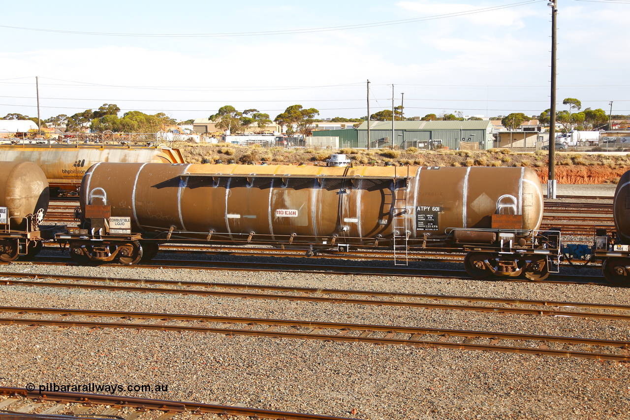 190108 1306
West Kalgoorlie, ATPY 601 fuel tank waggon built by WAGR Midland Workshops in 1976 as WJP type for BP Oil, capacity of 80,500 litres, recoded to WJPY. Refurbished by Gemco WA Dec 2018.
Keywords: ATPY-type;ATPY601;WAGR-Midland-WS;WJP-type;WJPY-type;