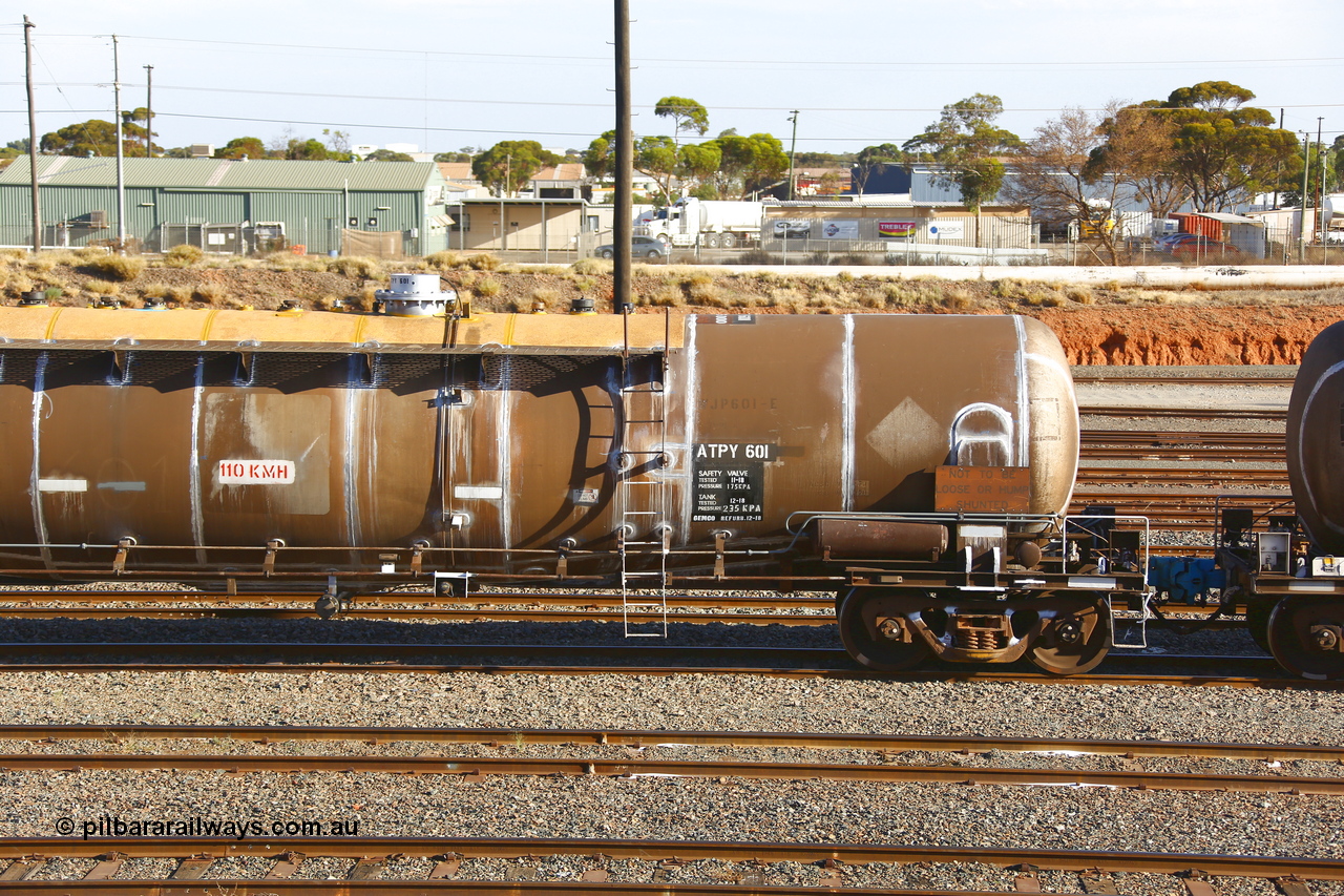 190108 1307
West Kalgoorlie, ATPY 601 fuel tank waggon built by WAGR Midland Workshops in 1976 as WJP type for BP Oil, capacity of 80,500 litres, recoded to WJPY. Refurbished by Gemco WA Dec 2018. Detail of non-handbrake end.
Keywords: ATPY-type;ATPY601;WAGR-Midland-WS;WJP-type;WJPY-type;