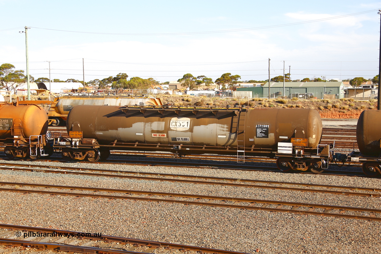 190108 1311
West Kalgoorlie, ATPY 591 fuel tank waggon built by WAGR Midland Workshops in 1976 as one of four WJP type for AMPOL. Here in Caltex service with a 75,000 litre capacity. Previously was with BP.
Keywords: ATPY-type;ATPY591;WAGR-Midland-WS;WJP-type;WJPY-type;