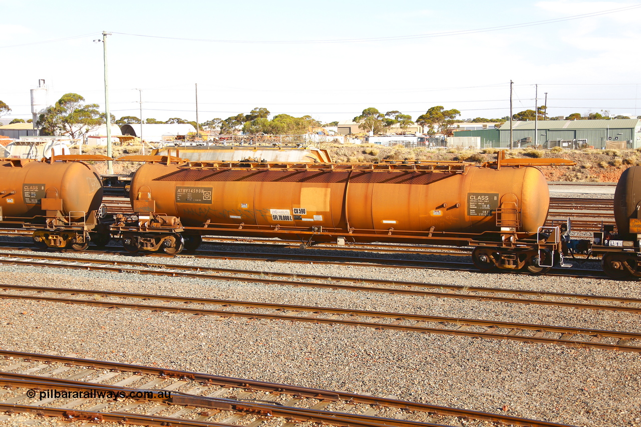 190108 1312
West Kalgoorlie, ATBY 14590 fuel tank waggon built by Westrail Midland Workshops in a batch of nine in 1981-82 for Bain Leasing Pty Ltd as type JPB, 82,000 litres for narrow gauge, recoded to JPBA in 1986, converted to standard gauge as WJPB. Seen here in Caltex service with a 70,000 litre capacity.
Keywords: ATBY-type;ATBY14590;Westrail-Midland-WS;JPB-type;JPBA-type;WJPB-type;