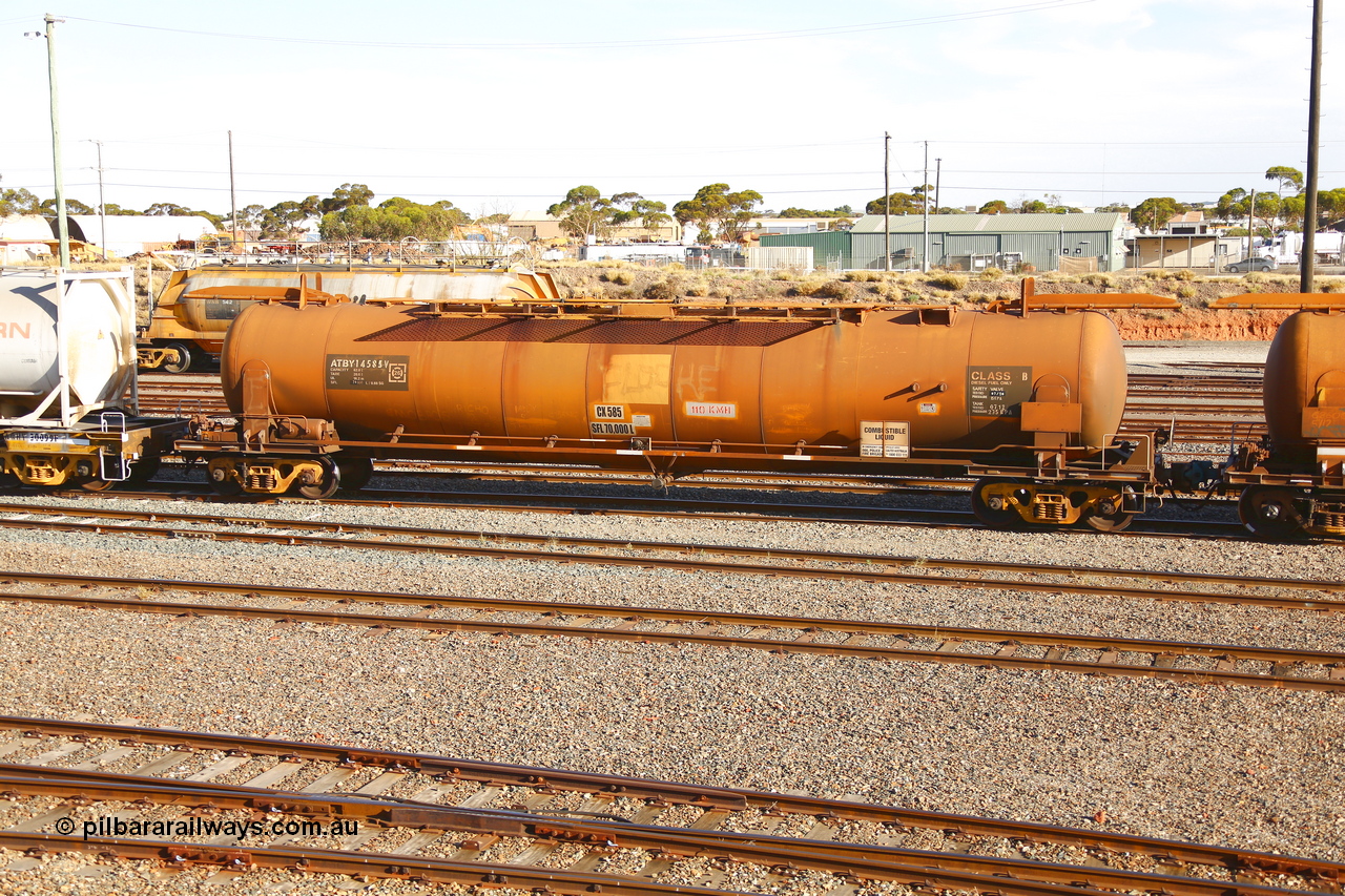 190108 1313
West Kalgoorlie, ATBY 14585 built by Westrail Midland Workshops in 1976 part of a batch of eight JPA type petrol tank waggons, recoded to JPAA in 1985, then WJPA when converted to SG. Seen here in Caltex service with a 70,000 litre capacity.
Keywords: ATBY-type;ATBY14585;Westrail-Midland-WS;JPA-type;JPAA-type;WJPA-type;