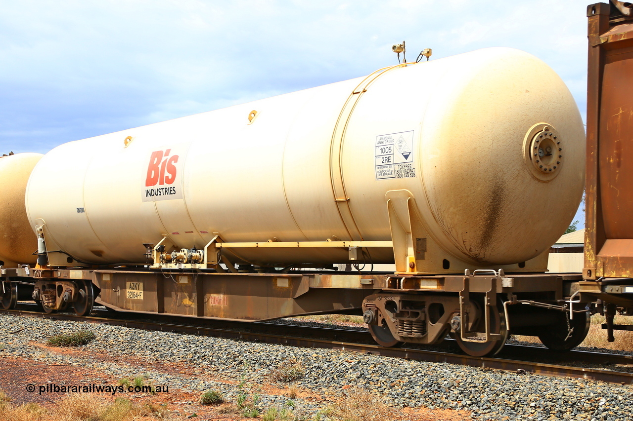 190109 1360
Kalgoorlie, AZKY type anhydrous ammonia tank waggon AZKY 32164, converted from AQNY type flat waggon by Gemco, Forrestfield in September 2015. The AQNY were built by Goninan in 1998 as the WQN type container flat waggons as a batch of sixty two. Fitted with Bis Industries anhydrous ammonia tank CN1220.
Keywords: AZKY-type;AZKY32164;Gemco-WA;rebuild;Goninan-WA;WQN-type;AQNY-type;AQNY32164;