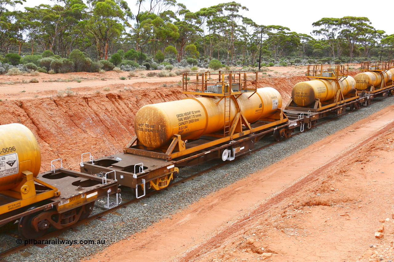 190109 1409
Binduli, AQHY 30004 with CSA 0130, originally built by the WAGR Midland Workshops in 1964/66 as a WF type flat waggon, then in 1997, following several recodes and modifications, was one of seventy five waggons converted to the WQH type to carry CSA sulphuric acid tanks between Hampton/Kalgoorlie and Perth/Kwinana. CSA 0130 was built by Vcare Engineering, India for Access Petrotec & Mining Solutions.
Keywords: AQHY-type;AQHY30004;WAGR-Midland-WS;WF-type;WFDY-type;WFDF-type;RFDF-type;WQH-type;