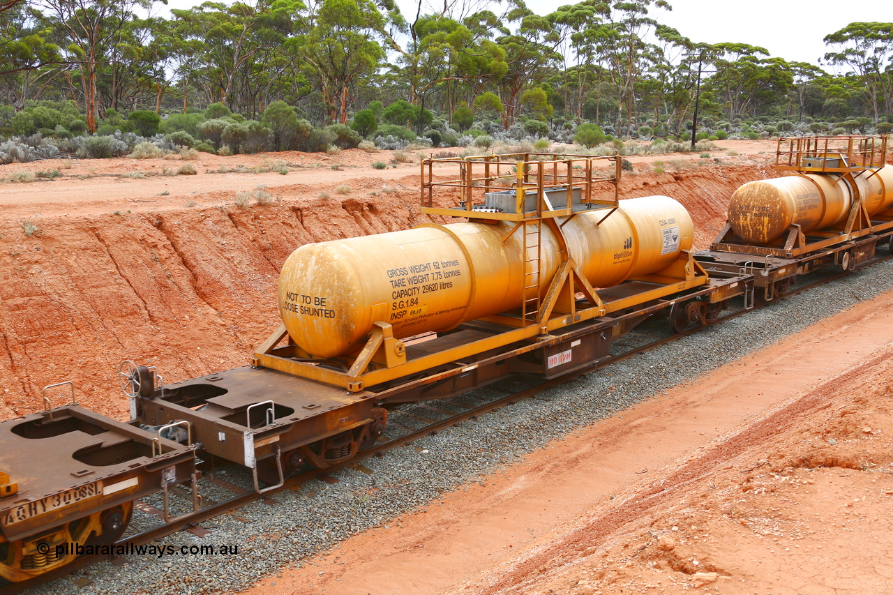 190109 1412
Binduli, AQHY 30057 with CSA 0089, originally built by the WAGR Midland Workshops in 1964/66 as a WF type flat waggon, then in 1997, following several recodes and modifications, was one of seventy five waggons converted to the WQH type to carry CSA sulphuric acid tanks between Hampton/Kalgoorlie and Perth/Kwinana. CSA 0089 was built by Vcare Engineering, India for Access Petrotec & Mining Solutions.
Keywords: AQHY-type;AQHY30057;WAGR-Midland-WS;WF-type;WFDY-type;WFDF-type;RFDF-type;WQH-type;