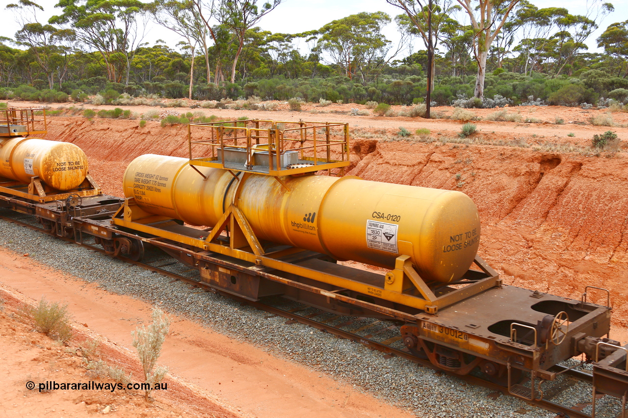 190109 1420
Binduli, AQHY 30012 with CSA 0120, originally built by the WAGR Midland Workshops in 1964/66 as a WF type flat waggon, then in 1997, following several recodes and modifications, was one of seventy five waggons converted to the WQH type to carry CSA sulphuric acid tanks between Hampton/Kalgoorlie and Perth/Kwinana. CSA 0120 was built by Vcare Engineering, India for Access Petrotec & Mining Solutions.
Keywords: AQHY-type;AQHY30012;WAGR-Midland-WS;WF-type;WMA-type;WFDY-type;WFDF-type;RFDF-type;WQH-type;