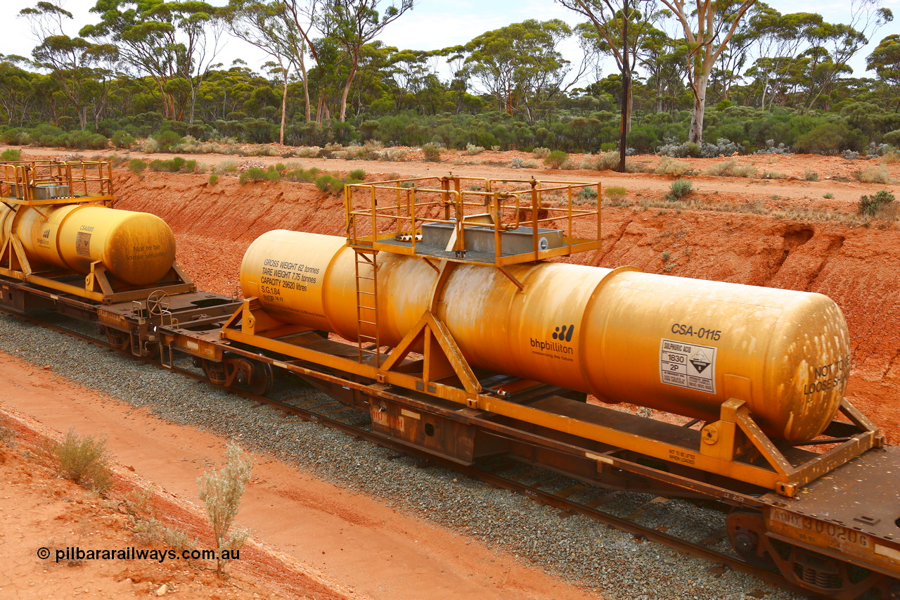 190109 1422
Binduli, AQHY 30020 with CSA 0115, originally built by the WAGR Midland Workshops in 1964/66 as a WF type flat waggon, then in 1997, following several recodes and modifications, was one of seventy five waggons converted to the WQH type to carry CSA sulphuric acid tanks between Hampton/Kalgoorlie and Perth/Kwinana. CSA 0115 was built by Vcare Engineering, India for Access Petrotec & Mining Solutions.
Keywords: AQHY-type;AQHY30020;WAGR-Midland-WS;WF-type;WFDY-type;WFDF-type;WQH-type;