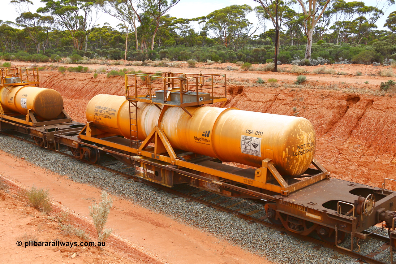 190109 1424
Binduli, AQHY 30051 with CSA 0111, originally built by the WAGR Midland Workshops in 1964/66 as a WF type flat waggon, then in 1997, following several recodes and modifications, was one of seventy five waggons converted to the WQH type to carry CSA sulphuric acid tanks between Hampton/Kalgoorlie and Perth/Kwinana. CSA 0111 was built by Vcare Engineering, India for Access Petrotec & Mining Solutions.
Keywords: AQHY-type;AQHY30074;WAGR-Midland-WS;WF-type;WFDY-type;WFDF-type;RFDF-type;WQH-type;