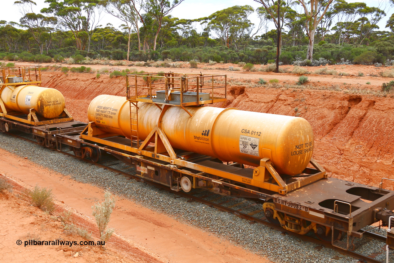190109 1426
Binduli, AQHY 30082 with CSA 0112, originally built by the WAGR Midland Workshops in 1964/66 as a WF type flat waggon, then in 1997, following several recodes and modifications, was one of seventy five waggons converted to the WQH type to carry CSA sulphuric acid tanks between Hampton/Kalgoorlie and Perth/Kwinana. CSA 0112 was built by Vcare Engineering, India for Access Petrotec & Mining Solutions.
Keywords: AQHY-type;AQHY30082;WAGR-Midland-WS;WF-type;WFP-type;WFDY-type;WFDF-type;RFDF-type;WQH-type;