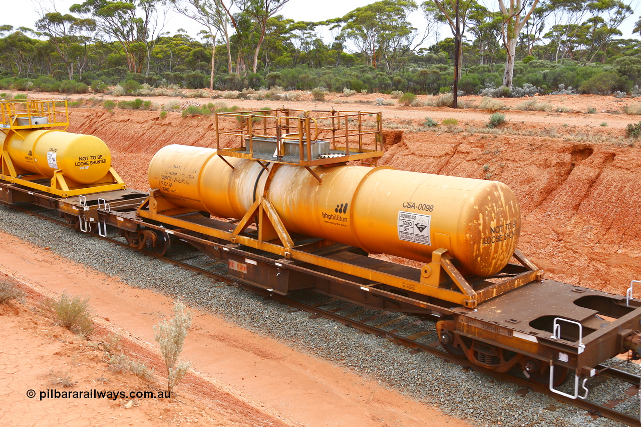 190109 1429
Binduli, AQHY 30040 with CSA 0098, originally built by the WAGR Midland Workshops in 1964/66 as a WF type flat waggon, then in 1997, following several recodes and modifications, was one of seventy five waggons converted to the WQH type to carry CSA sulphuric acid tanks between Hampton/Kalgoorlie and Perth/Kwinana. CSA 0098 was built by Vcare Engineering, India for Access Petrotec & Mining Solutions.
Keywords: AQHY-type;AQHY30040;WAGR-Midland-WS;WF-type;WFDY-type;WFDF-type;WQH-type;