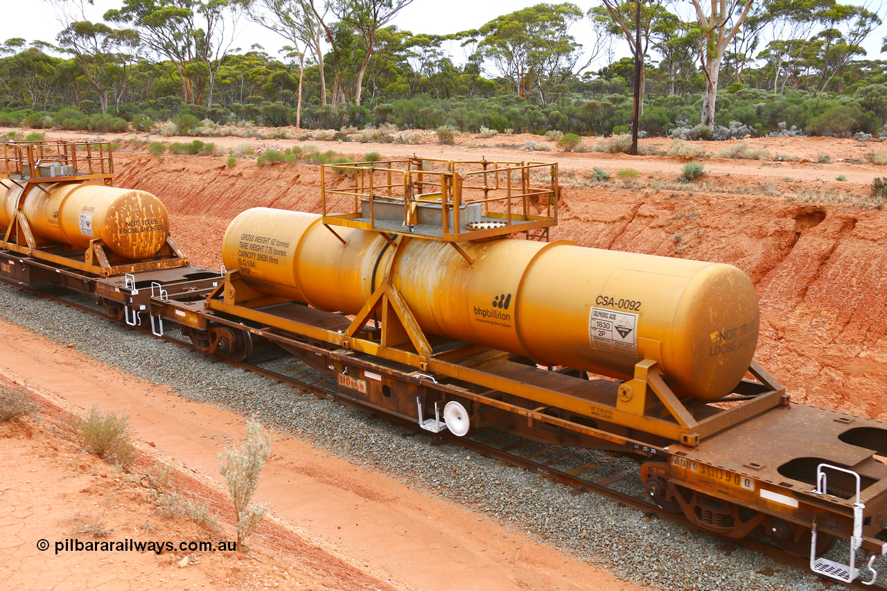 190109 1430
Binduli, AQHY 30090 with CSA 0092, originally built by the WAGR Midland Workshops in 1964/66 as a WF type flat waggon, then in 1997, following several recodes and modifications, was one of seventy five waggons converted to the WQH type to carry CSA sulphuric acid tanks between Hampton/Kalgoorlie and Perth/Kwinana. CSA 0092 was built by Vcare Engineering, India for Access Petrotec & Mining Solutions.
Keywords: AQHY-type;AQHY30090;WAGR-Midland-WS;WF-type;WFDY-type;WFDF-type;RFDF-type;WQH-type;