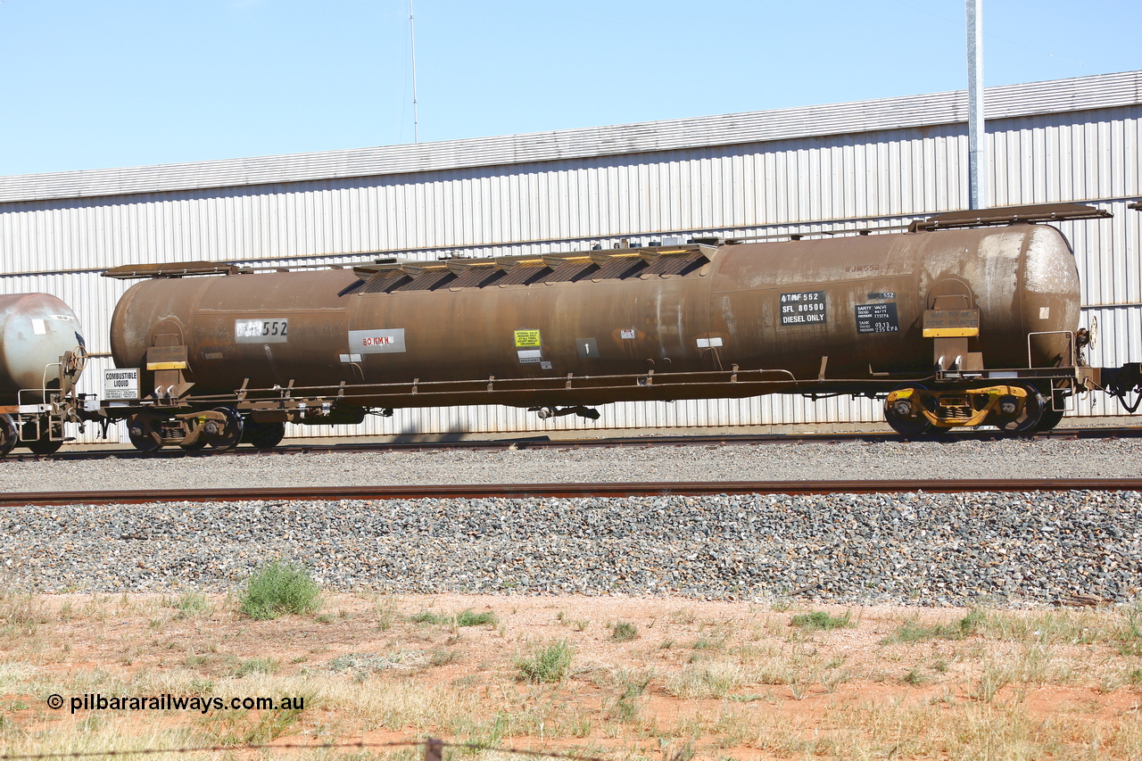 190109 1451
West Kalgoorlie, ATMF 552 fuel tank waggon, one of three built by Tulloch Limited NSW as WJM type in 1971 with a capacity of 96.25 kL one compartment one dome, current capacity of 80500 litres. 551 and 552 for Shell and 553 for BP Oil, E type couplers fitted. Under Viva Energy ownership.
Keywords: ATMF-type;ATMF552;Tulloch-Ltd-NSW;WJM-type;
