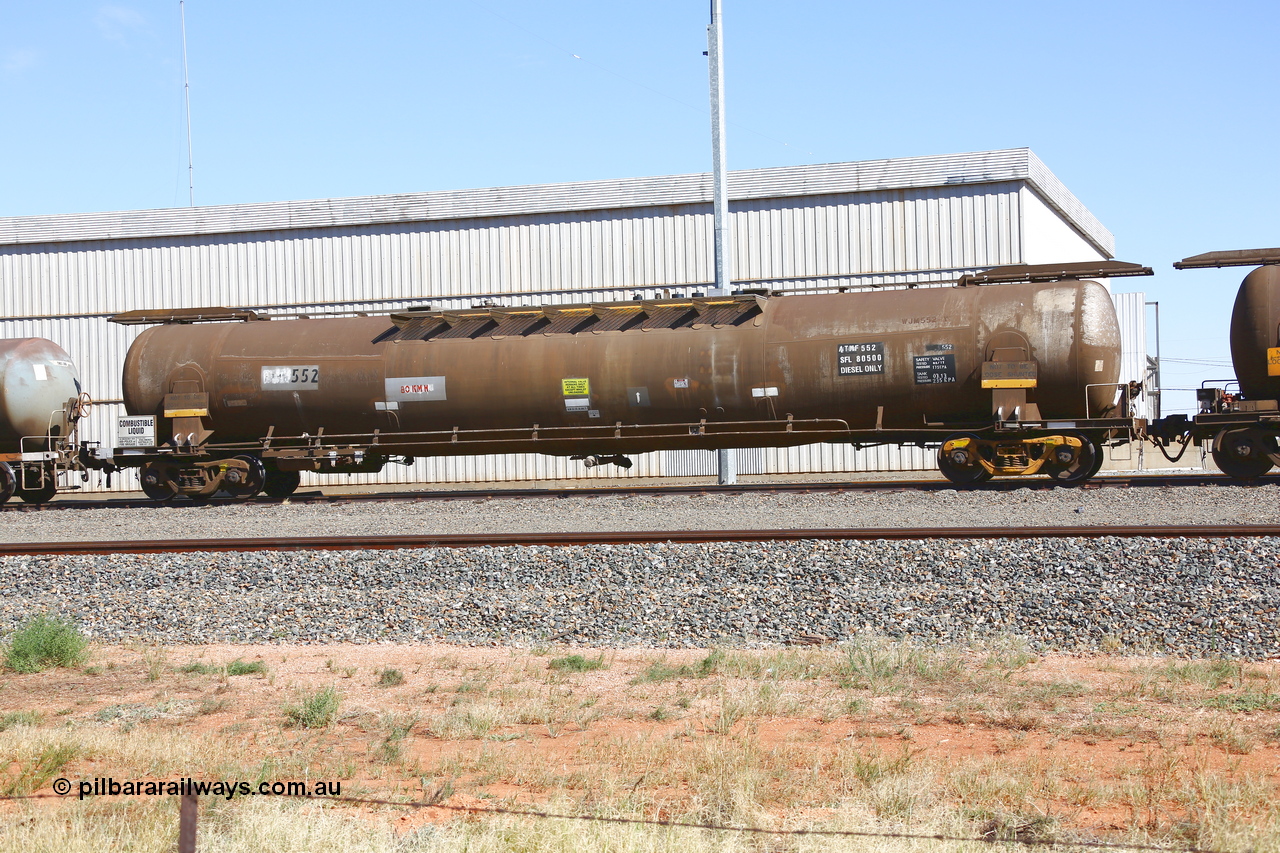 190109 1452
West Kalgoorlie, ATMF 552 fuel tank waggon, one of three built by Tulloch Limited NSW as WJM type in 1971 with a capacity of 96.25 kL one compartment one dome, current capacity of 80500 litres. 551 and 552 for Shell and 553 for BP Oil, E type couplers fitted. Under Viva Energy ownership.
Keywords: ATMF-type;ATMF552;Tulloch-Ltd-NSW;WJM-type;