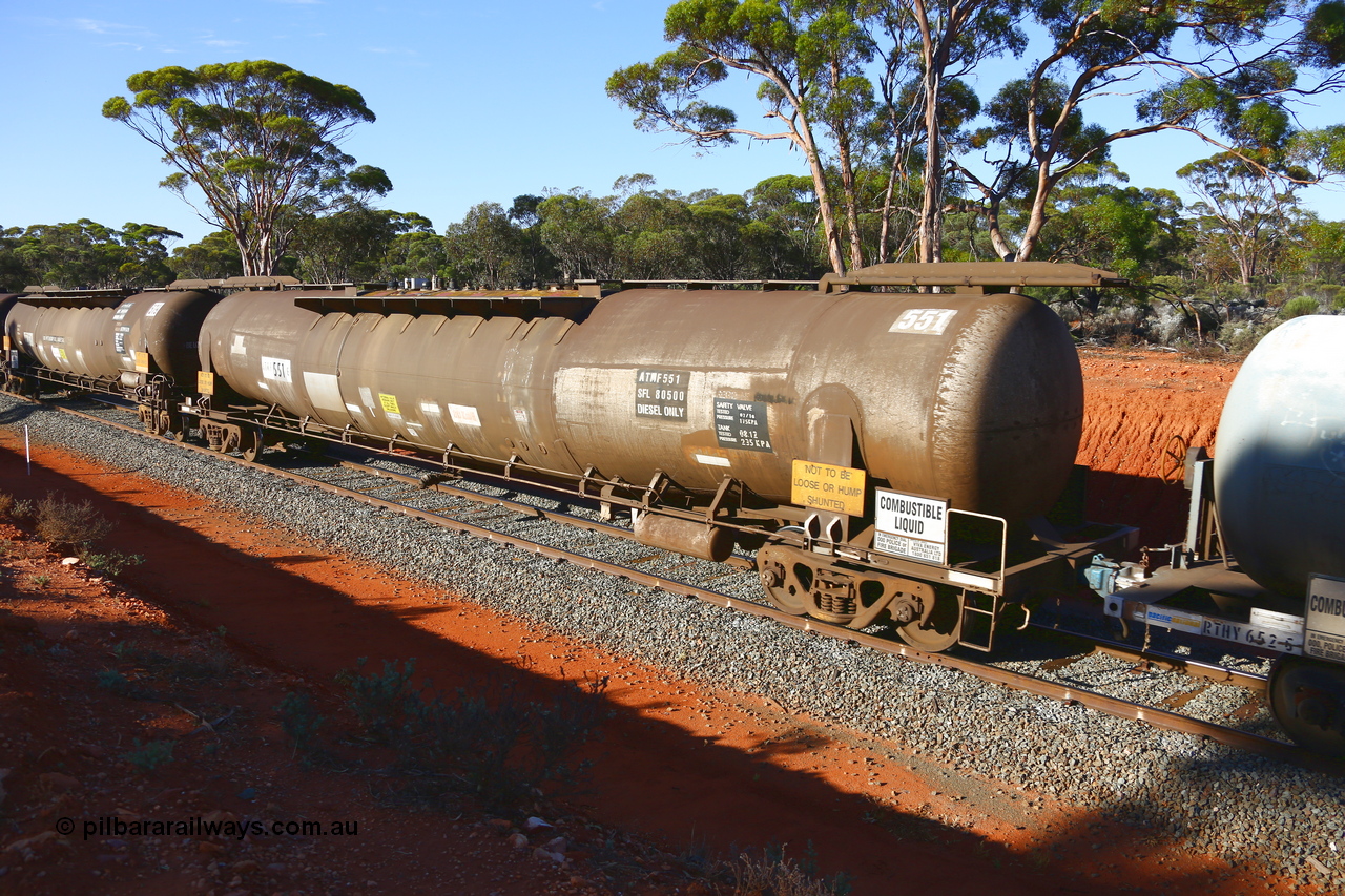 190109 1687
Binduli, empty fuel train 4445, ATMF 551 fuel tank waggon, one of three built by Tulloch Limited NSW as WJM type in 1971 with a capacity of 96.25 kL one compartment one dome, current capacity of 80500 litres. 551 and 552 for Shell and 553 for BP Oil. Fitted with type F InterLock coupler handbrake end and E type at the non-handbrake end, in Viva Energy ownership.
Keywords: ATMF-type;ATMF551;Tulloch-Ltd-NSW;WJM-type;