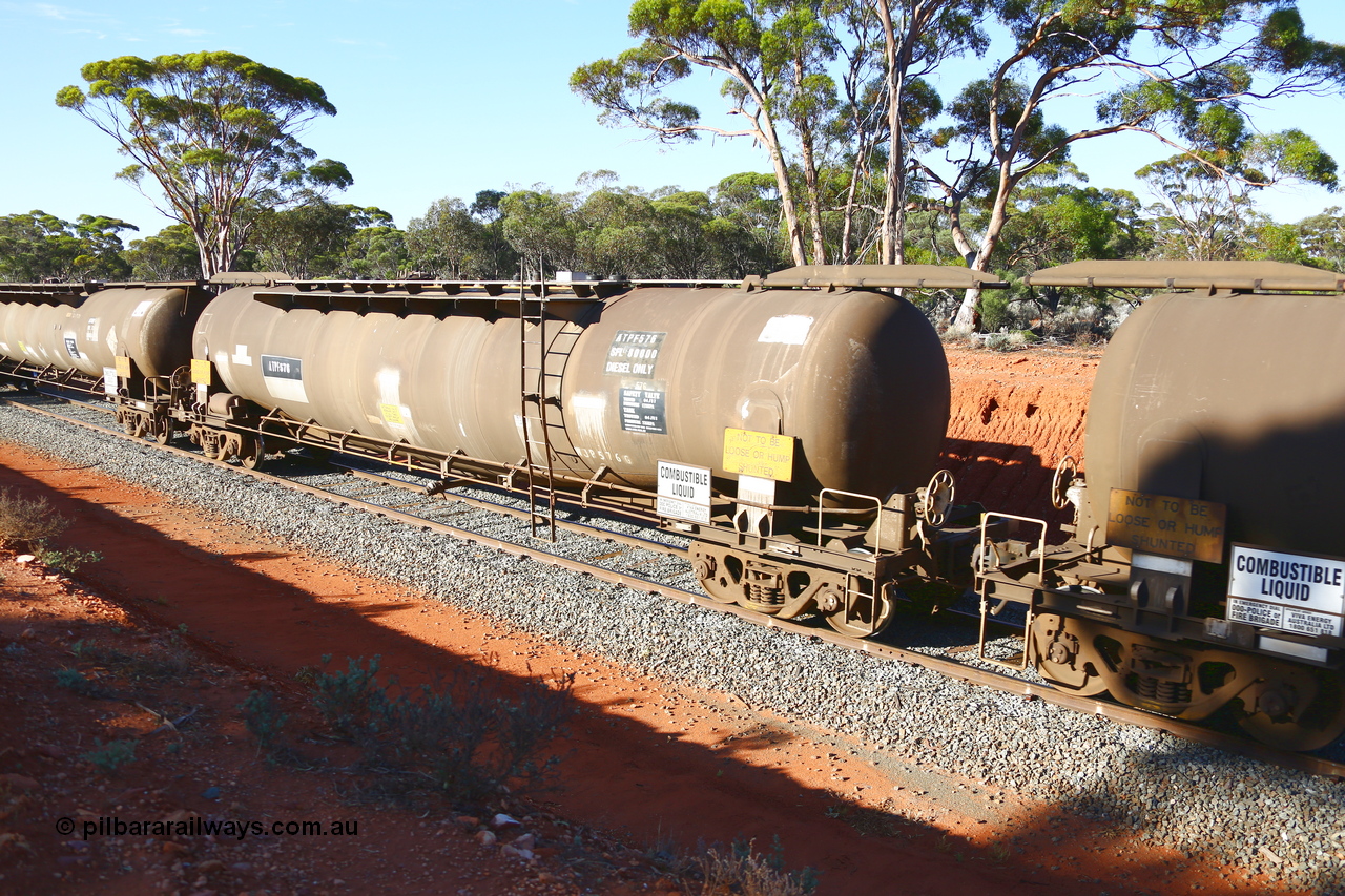 190109 1693
Binduli, empty fuel train 4445, ATPF type fuel tank waggon ATPF 576, built by WAGR Midland Workshops 1974 for Shell as WJP type, 80.66 kL one compartment one dome. Capacity now 80,000 litres, fitted with type F InterLock couplers and still with ladder. Under Viva Energy ownership.
Keywords: ATPF-type;ATPF576;WAGR-Midland-WS;WJP-type;